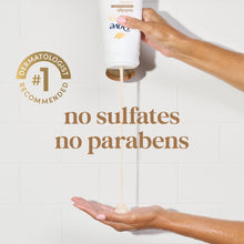 Body wash bottle dispensing with no sulfates, no parabens claim text