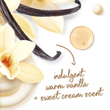 Body wash warm vanilla + sweet cream scent with vanilla flowers and bean pod