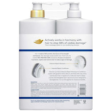 Shampoo and conditioner set, two white pump bottles with yellow cap; back label text visible