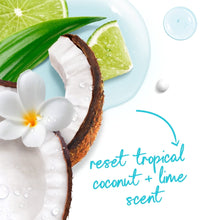 Tropical coconut and lime scent graphic with coconut half, lime, and white flowers