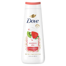 Dove strawberry kiwi body wash bottle, coral-pink cap, 20 fl oz