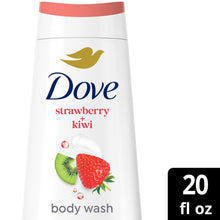 Dove strawberry kiwi body wash bottle, front label close-up, 20 fl oz