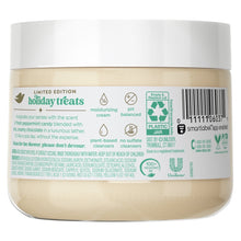 Dove peppermint bark body scrub tub back panel with ingredients and certification icons.