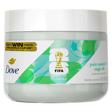 Dove body scrub jar with white lid and green teal FIFA-themed front label