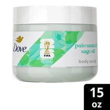 Dove body scrub jar, white lid, green FIFA-themed label with 15 oz size badge