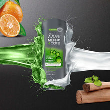 Men's extra fresh body wash bottle with green splash and water droplets