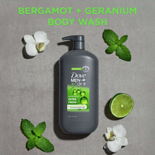 Men's body and face wash bottle with pump, dark gray with green freshness label