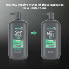 Two Dove Men+Care 3-in-1 Revive body wash bottles shown side by side, dark gray
