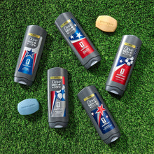 Assorted Dove Men+Care FIFA Moon Oasis bottles on grass, grey with blue and red labels
