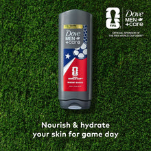 Dove Men+Care FIFA Moon Oasis body & face wash bottle, grey with blue and red label