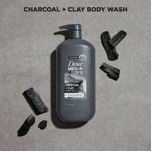 Dove Men+Care charcoal + clay body wash bottle with black charcoal pieces