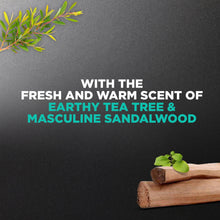 Scent message text: earthy tea tree and masculine sandalwood