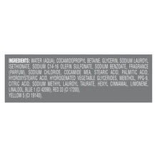 Body wash ingredients label panel with listed components on a rectangular pack