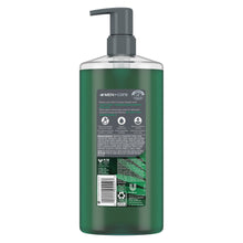 Dove Men+Care body wash bottle with pump, green tinted back label