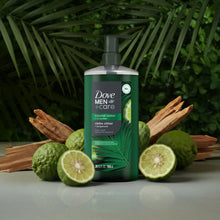 Dove Men+Care coastal cedar + bergamot body wash bottle with wood sticks and lime