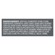 Body wash ingredients text panel on the back label