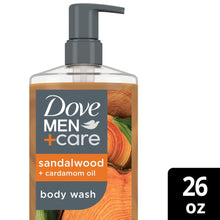 Dove Men+Care body wash bottle close-up with sandalwood and cardamom oil, 26 oz