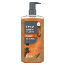 Dove Men+Care body wash bottle with sandalwood and cardamom oil, 26 oz