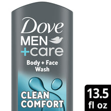 Men body+face wash bottle, dark gray; Clean Comfort label and 13.5 fl oz marking