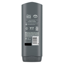 Dove Men+Care exfoliating deep clean wash bottle back view, directions panel, 18 oz