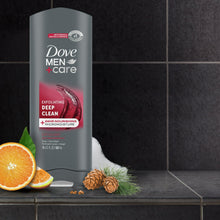 Dove Men+Care exfoliating deep clean bottle with citrus and cedar accents on counter
