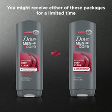 Dove Men+Care exfoliating deep clean wash bottles showing updated label, 18 oz