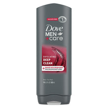 Dove Men+Care exfoliating deep clean body wash bottle, gray cap, 18 oz