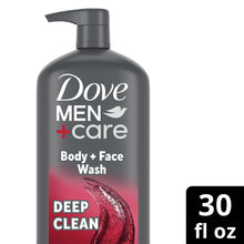Dove Men+Care body+face wash bottle front with Deep Clean badge, 30 fl oz