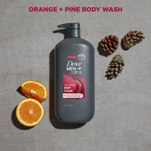 Dove Men+Care body wash bottle with orange and pine scent graphic