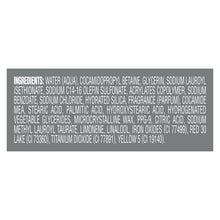 Dove Men+Care body wash ingredients label strip, full ingredient list