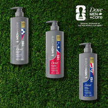 Three gray Dove Men+Care shampoo bottles with pumps for FIFA World Cup 2026 promo