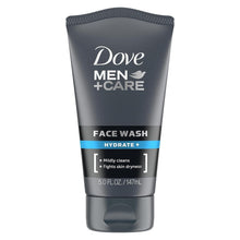 Dove Men+Care Hydrate face wash tube, dark gray with blue label stripe
