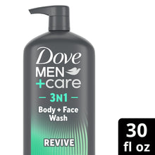 Dove Men+Care 3-in-1 Revive Body+Face Wash bottle with pump, 30 fl oz