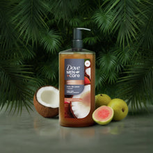 Dove Men Care body wash bottle with pump, coconut guava label on front.