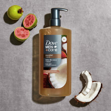 Dove Men Care body wash bottle with pump, coconut guava label and dark cap.