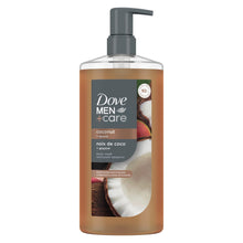 Dove Men Care coconut guava body wash bottle with pump, amber liquid.