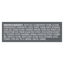Body wash ingredients panel text on the back of the bottle.