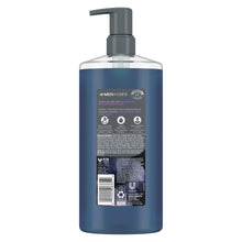 Moisturizing body wash bottle back view with black pump, blue container and label area.