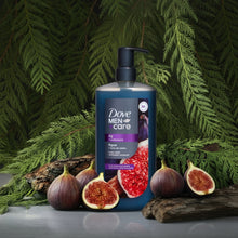 Moisturizing body wash bottle with pump on log, with figs and evergreen greenery around.