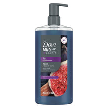 Dove Men+Care fig cedarwood moisturizing body wash bottle with black pump, blue label front.