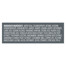 Ingredients text panel on back of body wash bottle, printed ingredient list.
