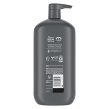 Dove Men+Care charcoal + clay body and face wash bottle, back view, dark gray