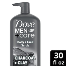 Dove Men+Care charcoal + clay body scrub bottle, 30 fl oz, dark gray pump