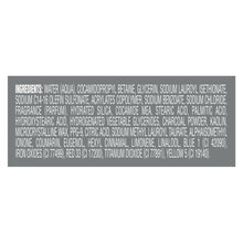Body and face wash ingredient panel text on back of dark gray bottle