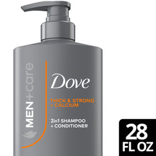 Dove Men+Care shampoo bottle front label, Thick & Strong + Calcium, 28 fl oz