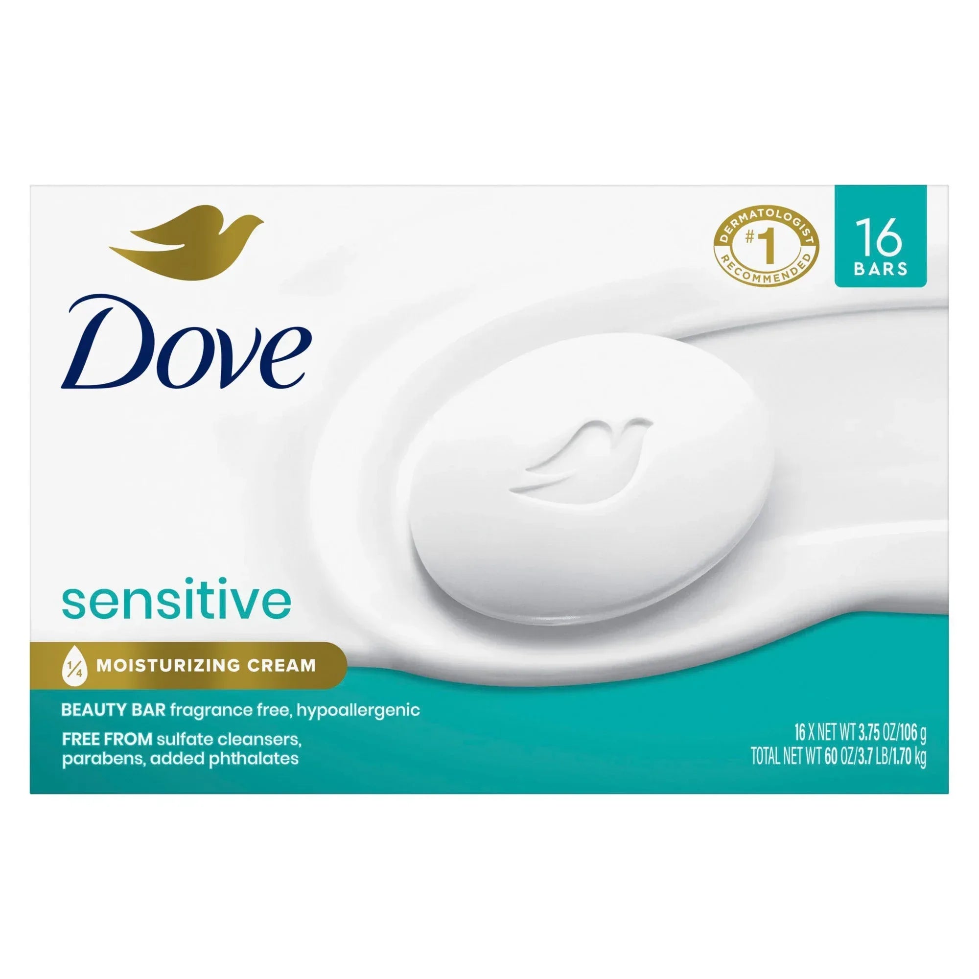 Dove Moisturizing Beauty Bar Soap Sensitive Skin, 3.75 oz, 16 Bars