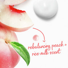 Body wash bottle label detail: rebalance peach + rice milk scent