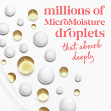 Body wash bottle with microdroplets graphic and text 'millions of Micromoisture'