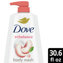 Body wash bottle front with pump, Dove rebalance branding and peach graphics