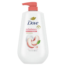 Body wash bottle with pump, Dove rebalance peach & rice milk scent label